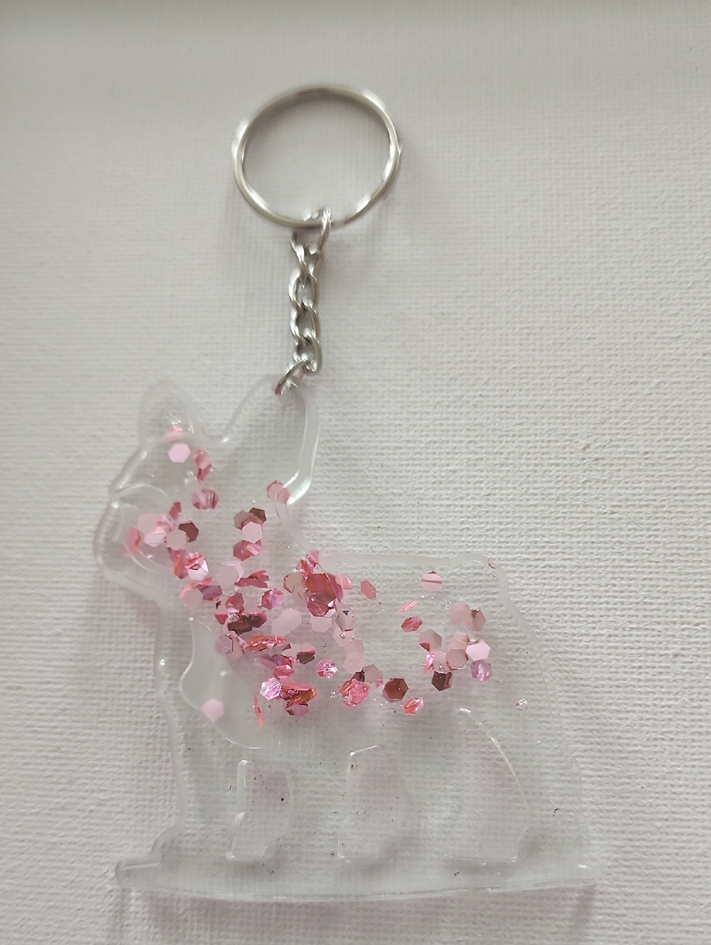 Pink Glitter Dog Keychain - Clear Acrylic Charm